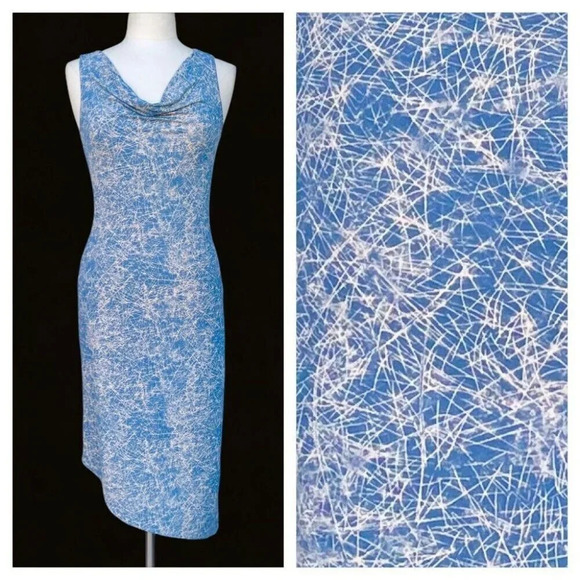 FRENCH CURVE Women’s Size M Blue Vintage Cowl-neck Asymmetrical Hem Sheath Dress - Picture 2 of 4